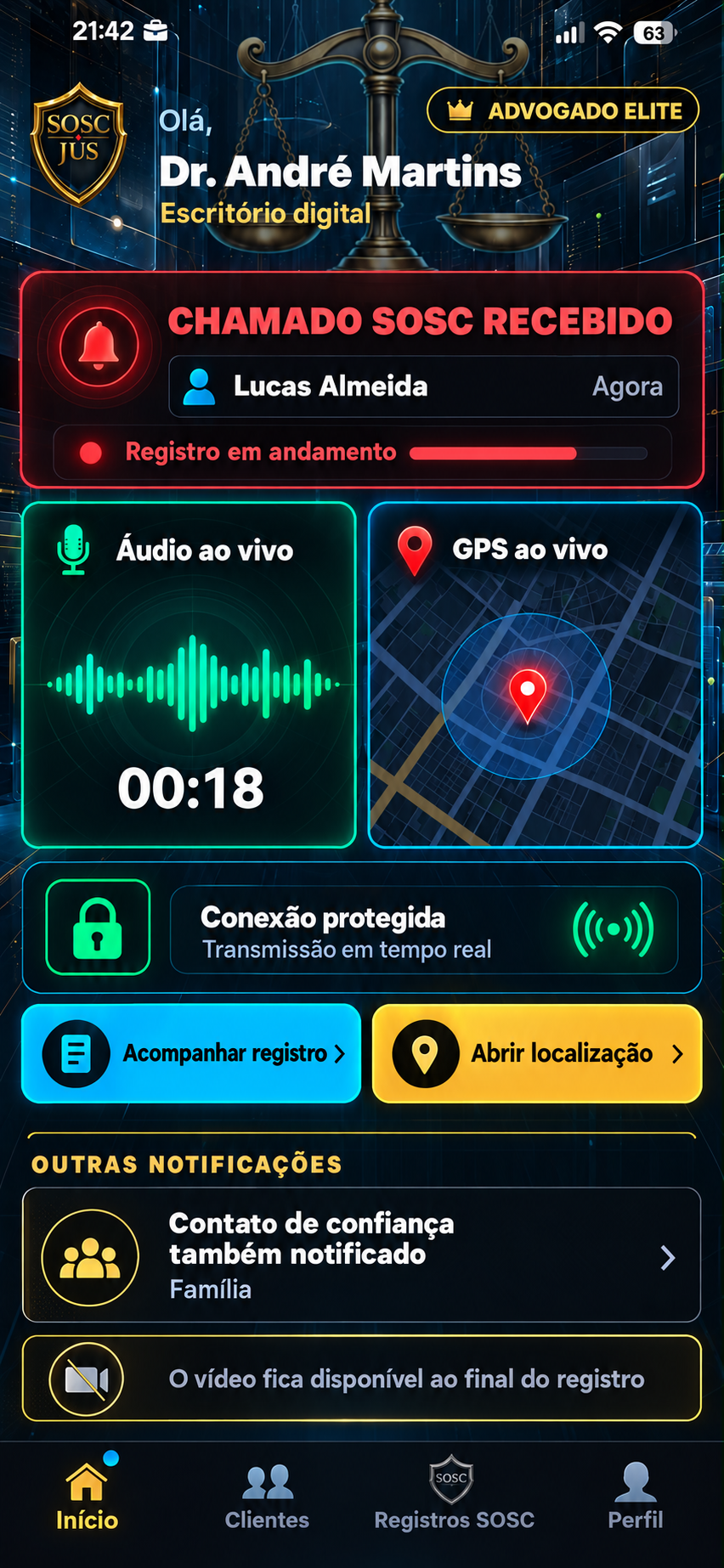Tela original do advogado recebendo o chamado
