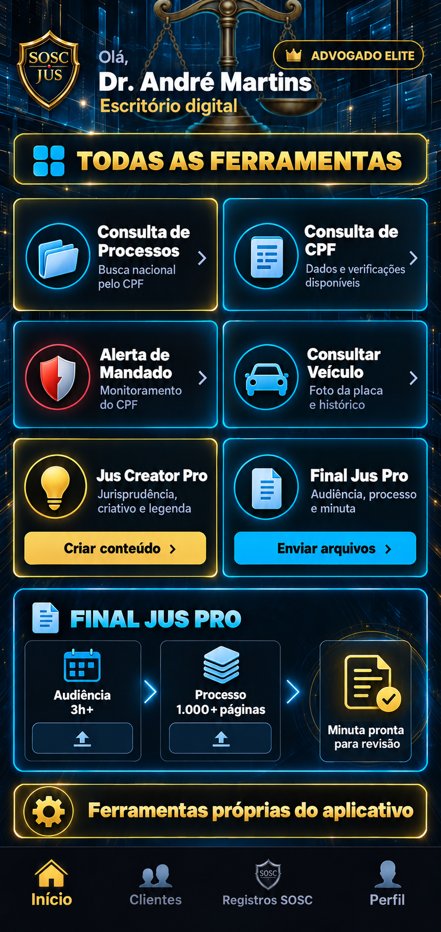 Tela original de ferramentas do advogado