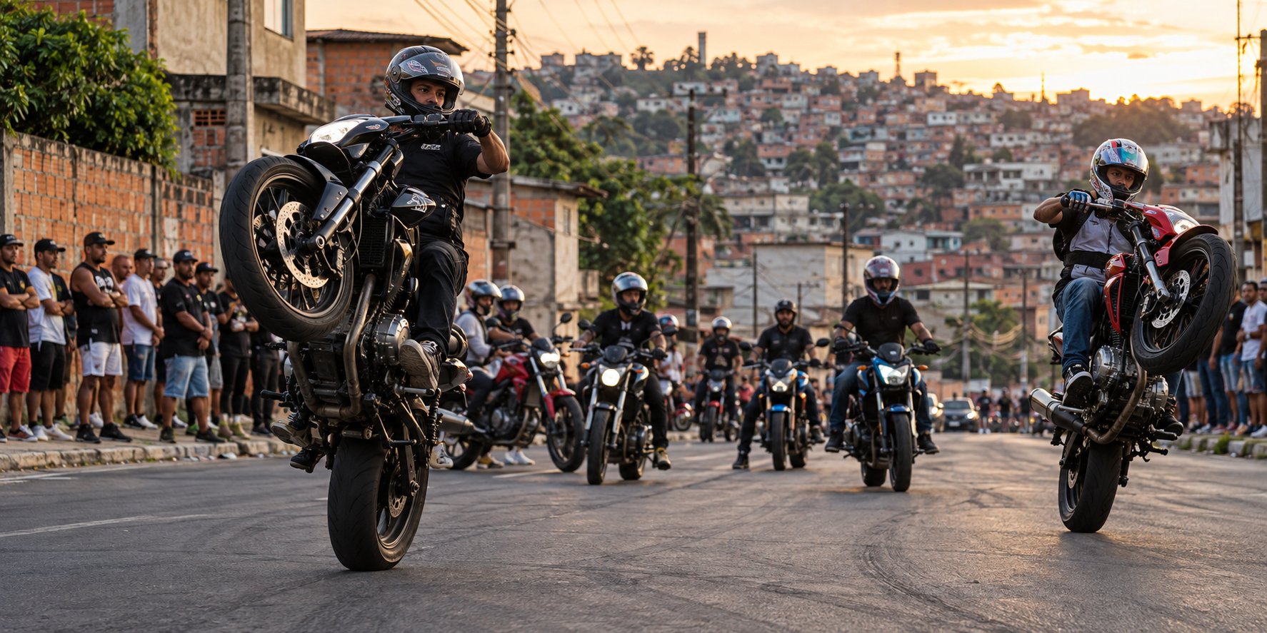 Motociclistas adultos praticando grau em via fechada de comunidade periférica